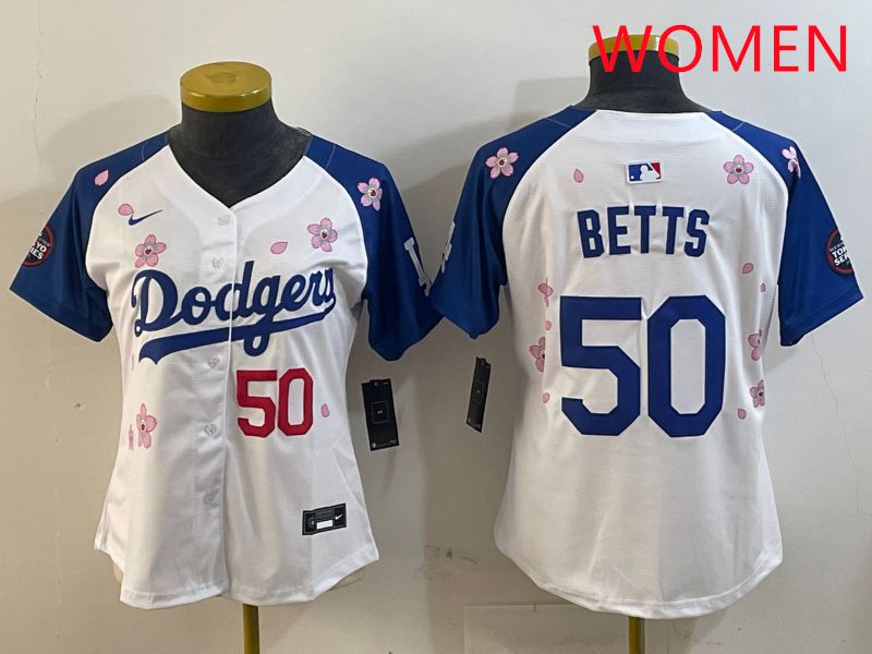 Women Los Angeles Dodgers #50 Betts White Blue Sakura Edition 2025 Nike MLB Jersey style 7